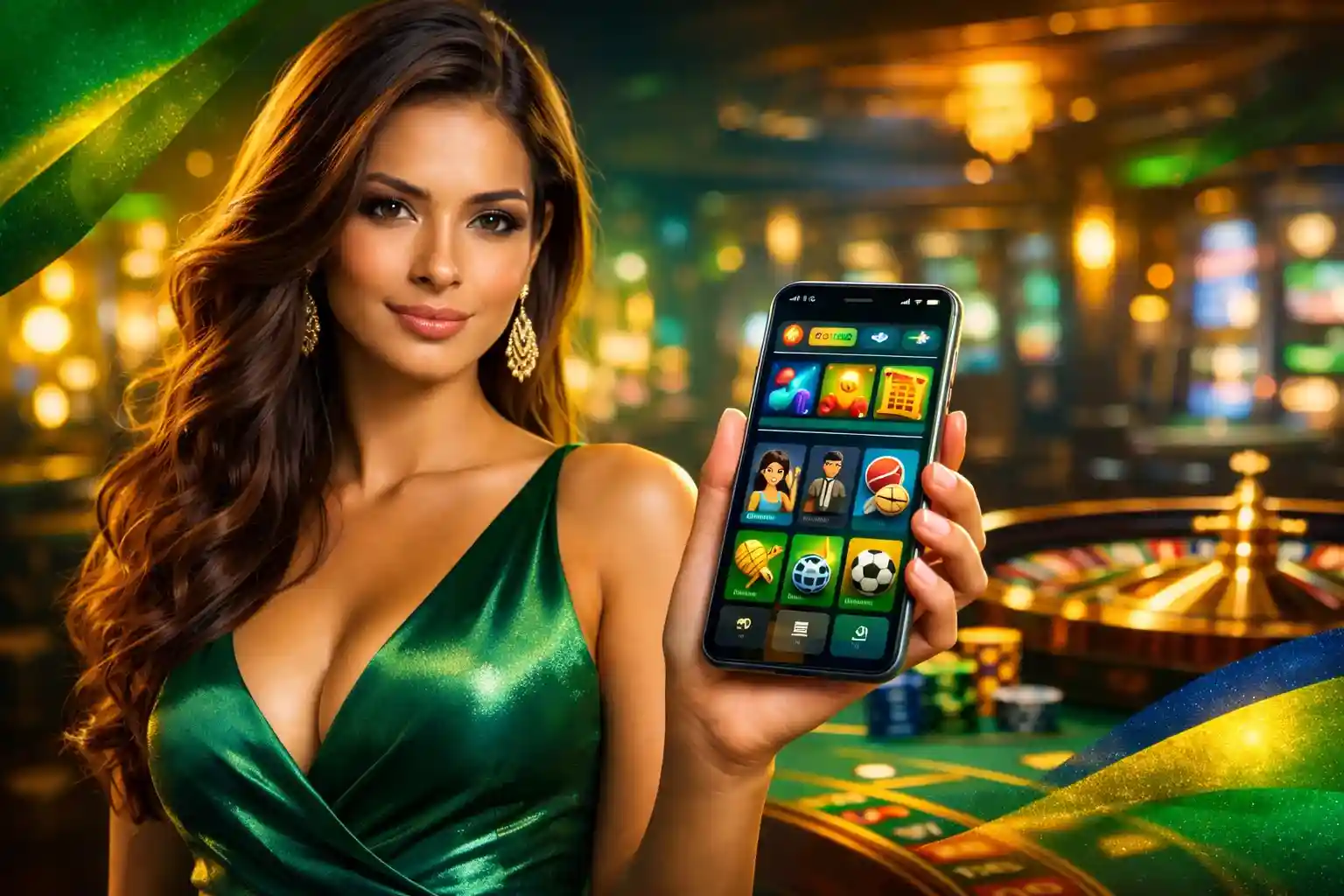 Mulher mostrando aplicativo de cassino online no smartphone